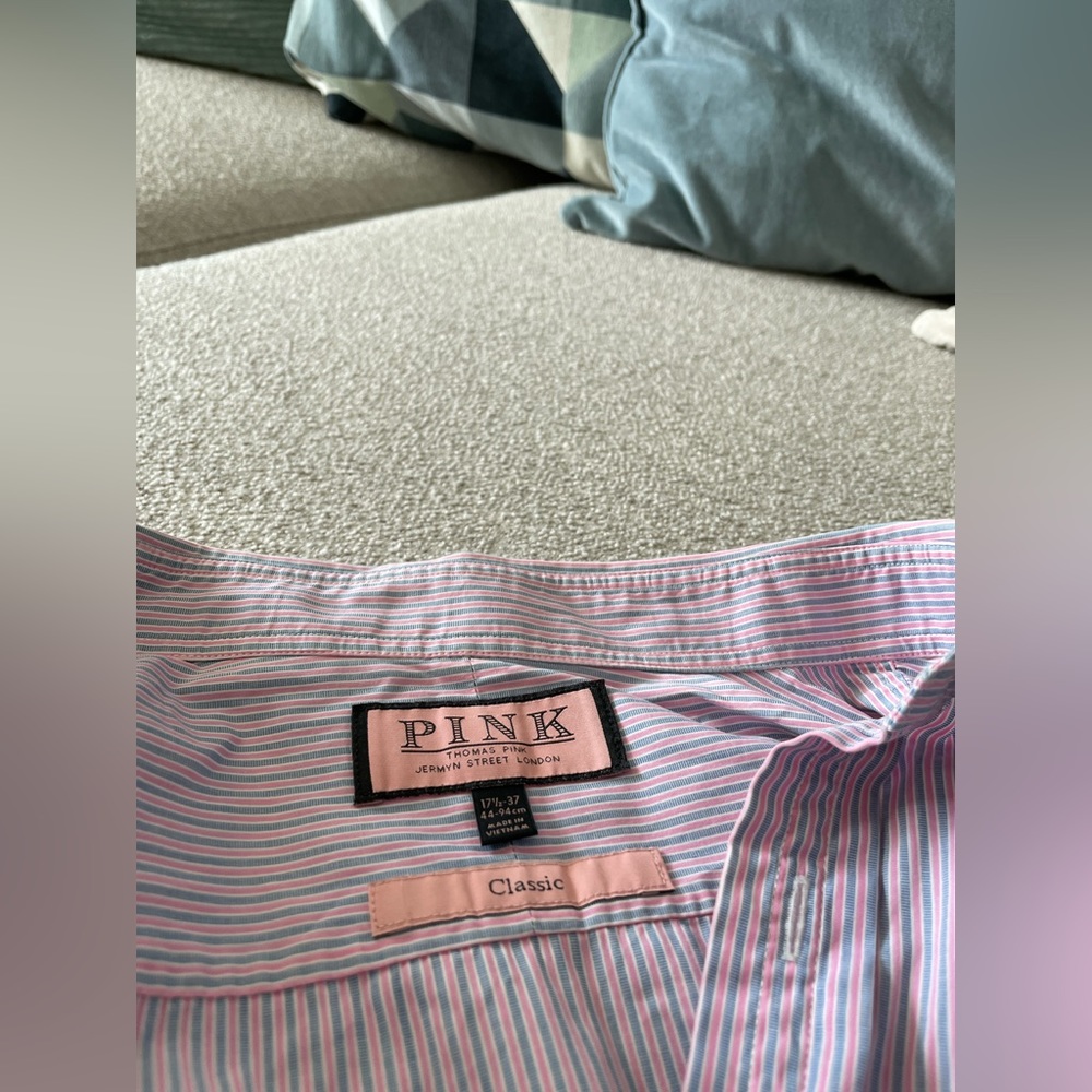 Thomas Pink Pink & Blue Stripe  Classic Fit Dress Shirt 17 1/2-37